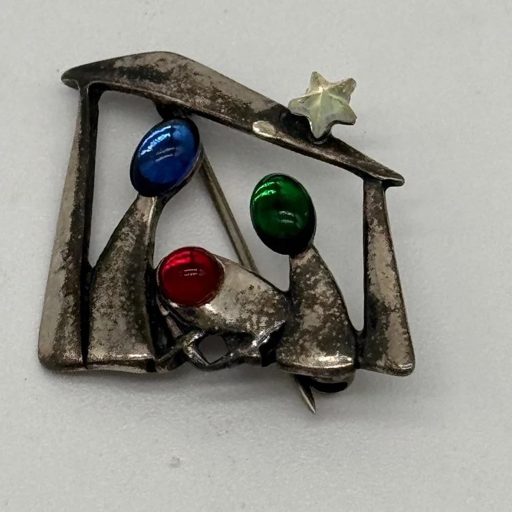 Vintage Silpada Sterling Silver 925 Cabochon Nativity Manger Brooch Pin I0677